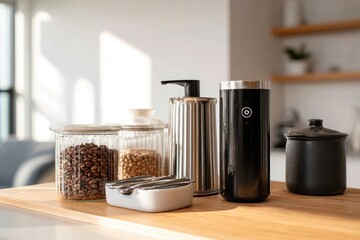 A collection of kitchen countertop items illuminated by natural light, staged for a lifestyle shot