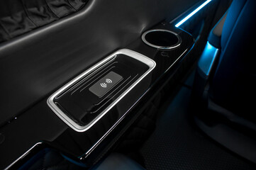 Comfortable interior of a passenger bus with soft seats