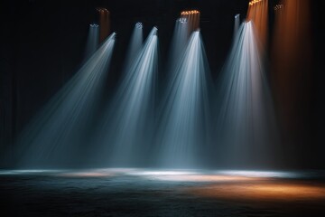 Long exposure stage lighting, a theatrical setting with multiple spotlights shining