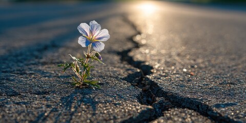 A solitary flower blooms from a crack in asphalt, backlit by a warm, golden light
