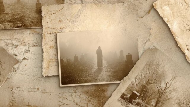 Haunted ephemera collage, video of antique paper background with ghost in graveyard and sepia tones