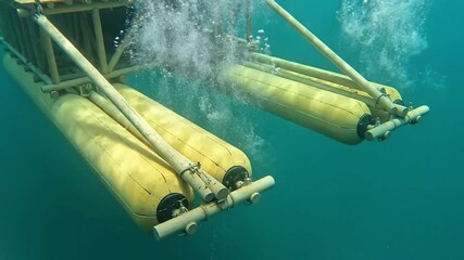 Underwater view of yellow cylindrical floats supporting a structure, creating buoyancy in the water.