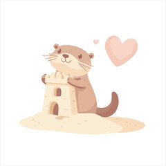 Cute otter building a sandcastle