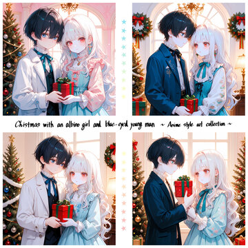 プレゼントを贈り合うカップル。アルビノの少女と碧眼の青年のクリスマス。漫画風のAIイラスト4枚セット