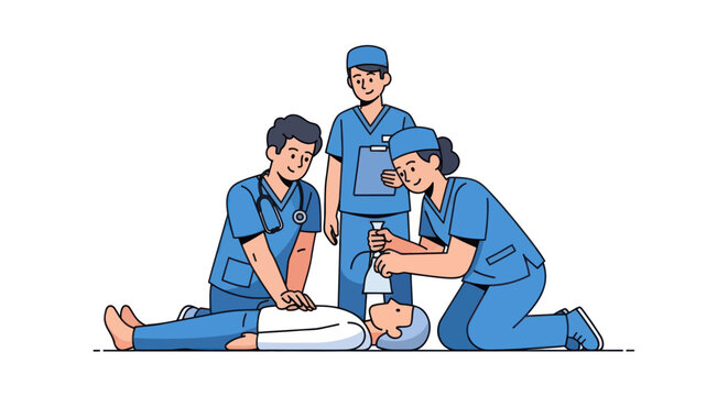 Medical team of doctors and nurses performing emergency CPR on an unconscious patient.