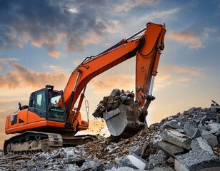 a large orange excavator is digging into a pile of rubble the scene is chaotic and destructive with the machine working hard to clear the debris
