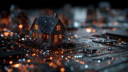 A digital house model rests atop a circuit board, illuminating with warm light and glowing points
