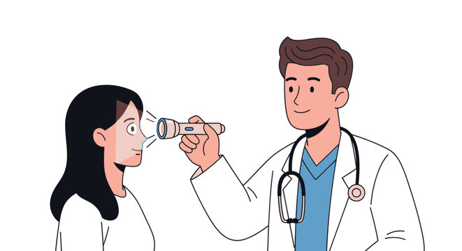 Male doctor examining female patients eye with a penlight during an ophthalmology check-up.