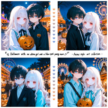 夜の遊園地でデートするカップル。アルビノの少女と碧眼の少年のハロウィン。日本の漫画風のAIイラスト4枚セット