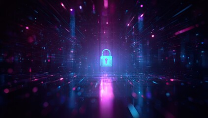Abstract digital rendering of a glowing padlock amidst glowing lines and bokeh effect
