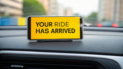 Ride hailing apps simplify urban transportation. A smartphone displays "Your ride has arrived" on a car dashboard in an urban setting.