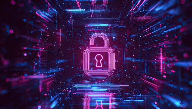 A pink padlock, center focus, glows amidst an explosion of blue, purple, and pink digital data