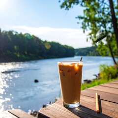 Iced coffee by a river on a sunny day