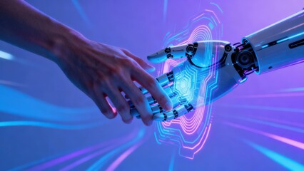Hands of robot and human touching on big data network connection background. Human hand reaching out to a robotic hand in a futuristic setting.