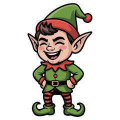 A cheerful cartoon elf with a joyful expression, wearing a traditional festive outfit