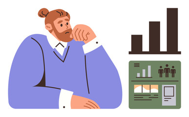 Contemplative man in business attire reflects on bar graph and data dashboards, symbolizing analysis, progress, decision-making, and problem-solving. Ideal for strategy, research, planning, growth