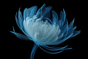 A close-up ethereal, floral rendering, featuring a vibrant, blue translucent bloom against black