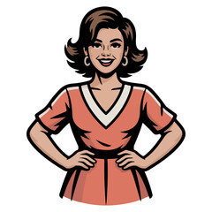 A woman wearing a retro dress and smiling confidently, embodying vintage charm