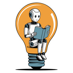 A robot reading a book inside a light bulb, symbolizing knowledge and innovation. The robot is depicted with a futuristic design