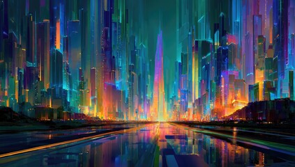 Digital painting depicts a vibrant cityscape with colorful streaks, reflecting on a watery surface