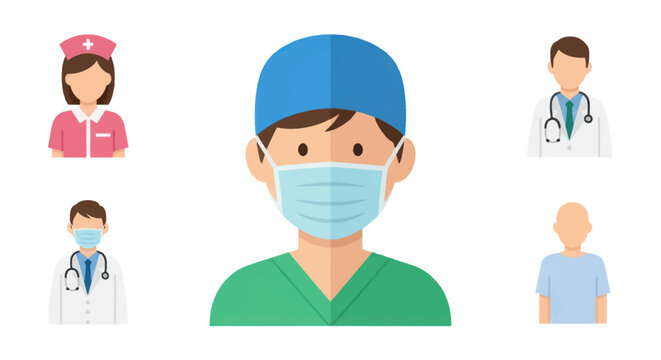 A collection of flat design vector icons depicting medical staff including a surgeon doctors a nurse and a patient.