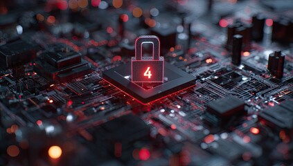 Macro view of a computer circuit board featuring a glowing lock, symbolizing security