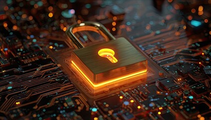 Gold padlock glows on a motherboard with digital lines and circuits. Selective focus