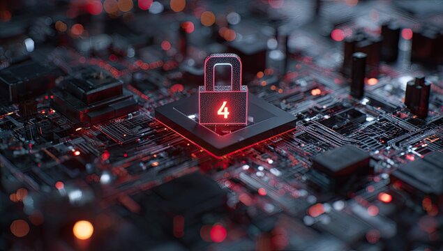 Macro view of a computer circuit board featuring a glowing lock, symbolizing security - Powered by Adobe