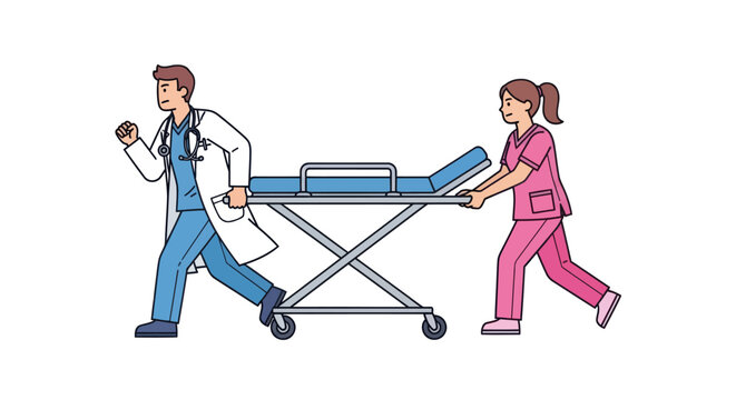 A male doctor and female nurse running urgently while pushing an empty hospital gurney to an emergency.