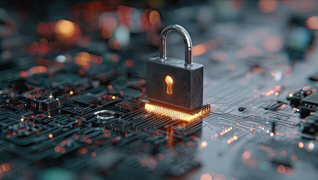 A metallic padlock, centered over a glowing digital circuit board with bokeh lights, in a close-up shot