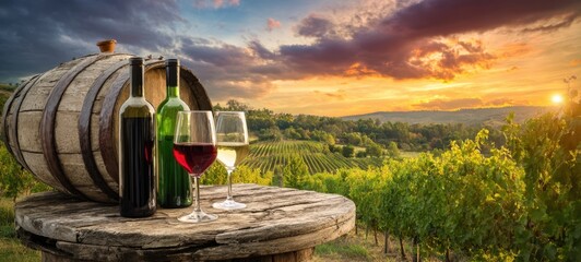 Fototapeta premium The beautiful vineyard scene with wine and sunset over rolling hills