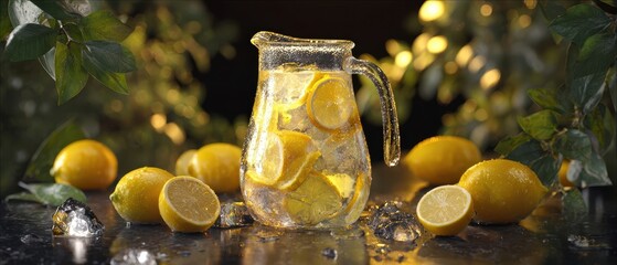 The Lemonade Pitcher Brimming with Lemon Slices in Sunlit Garden Ambience
