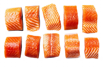 Fresh salmon fillets arranged on black isolated on a transparent background