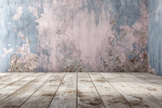 Rustic interior scene with distressed wall featuring peeling paint over a wood plank floor