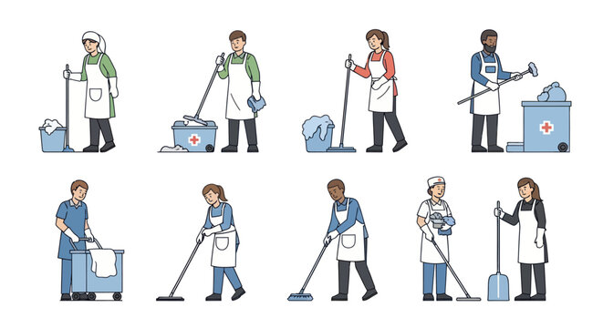 A diverse set of male and female janitors and cleaners in uniform with mops brooms and cleaning supplies.