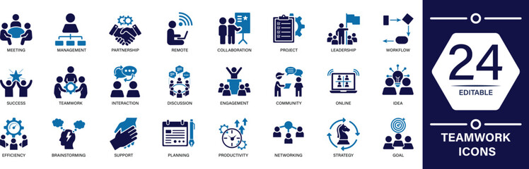 teamwork icon set featuring collaboration, communication, group, brainstorming, meeting, management, partnership, remote, leadership, project, coordination, support, and team productivity visuals.