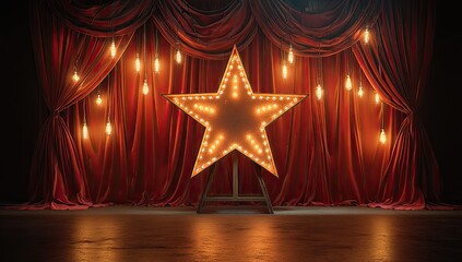 Dramatic stage set with large illuminated star against deep red curtains and vintage hanging bulbs