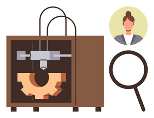 3D printer crafting gear, profile avatar of a woman, and magnifying glass highlighting innovation, technology, engineering, research, design, education creative process. Simple flat metaphor