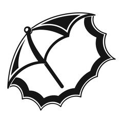 A classic black and white beach umbrella icon with a scalloped edge. This simple parasol symbol is isolated, perfect for summer vacation and travel design themes.