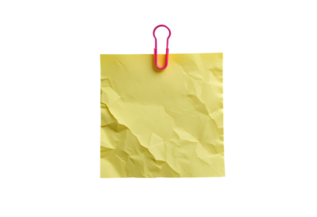A crumpled yellow sticky note held by a pink paperclip, isolated on a white background with ample copy space for text or a message
