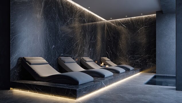Luxurious spa area with several modern chaise lounges and marble walls, softly illuminated - Powered by Adobe