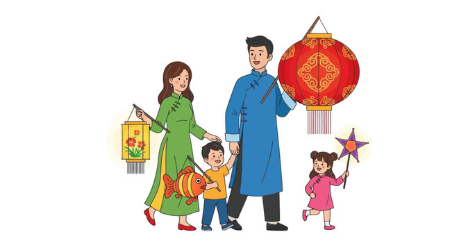 Vietnamese Family in Traditional Attire Celebrating Festival with Lanterns.