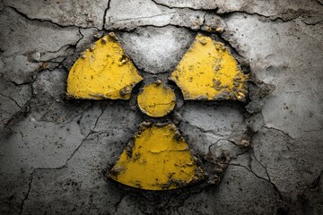 Yellow radioactive symbol on cracked grey wall, symbolizing danger, hazard, and nuclear threat