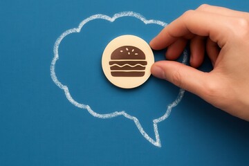 Creative hand places a burger icon inside a white thought bubble, representing ideas and thoughts against a vibrant blue backdrop.