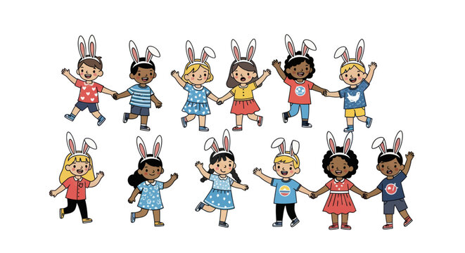 Diverse Group of Children Wearing Bunny Ears and Holding Hands Celebrating Easter.