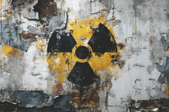 A worn and textured surface displays a radiation symbol in black and yellow - Powered by Adobe
