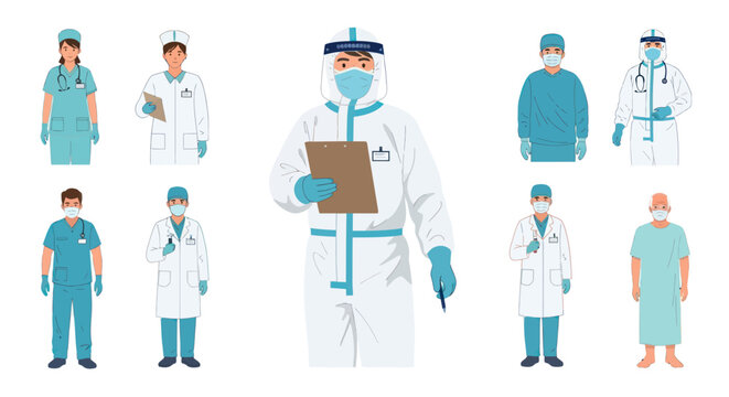 Diverse Medical Professionals in Uniforms and Protective Gear.