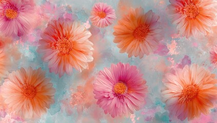 Watercolor style background featuring a scattering of colorful, large daisy-like blossoms