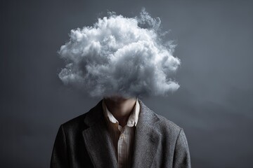 A person's head is replaced by a puffy cloud against a somber, overcast gray background