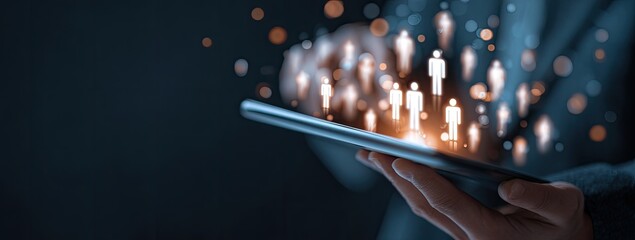 A person holding a tablet with glowing human silhouette icons emitting from the device. Dark background